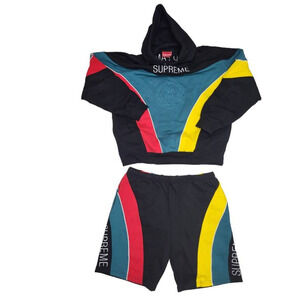 Supreme Milan Hooded Sweatshirt & Shorts Outfit Men's L Black Striped Pockets